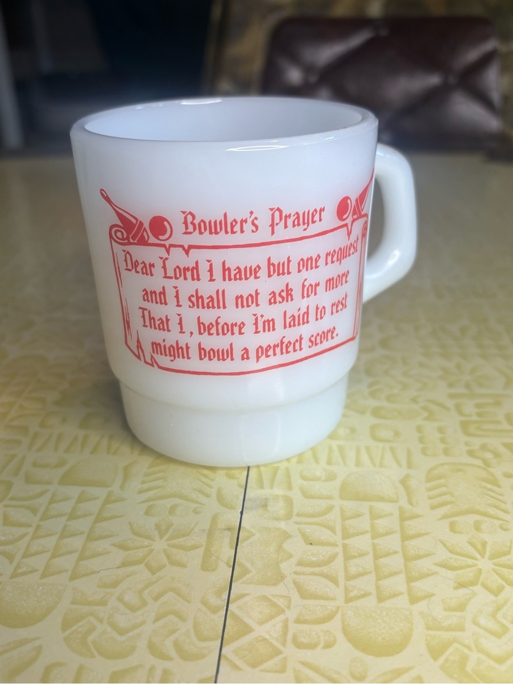 Vintage Bowler's Prayer White Milk Glass Coffee Mug with Red Print